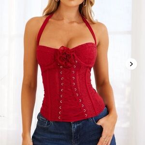Red Lace-Up Corset with Floral Detail - sold out on site